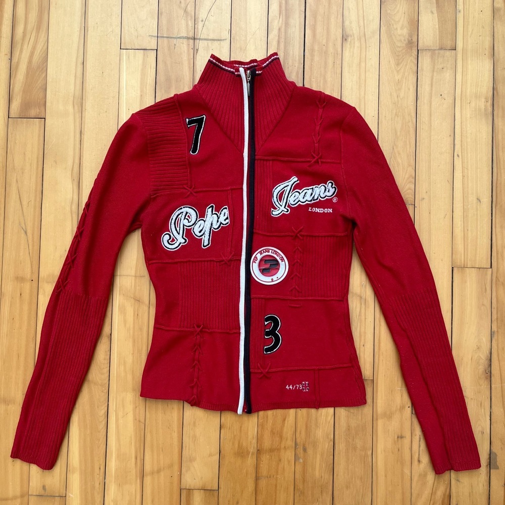 Pepe Jeans London Red Patchwork Full Zip Varsity Sweater Womens Large Vtg Y2K - Picture 1 of 9